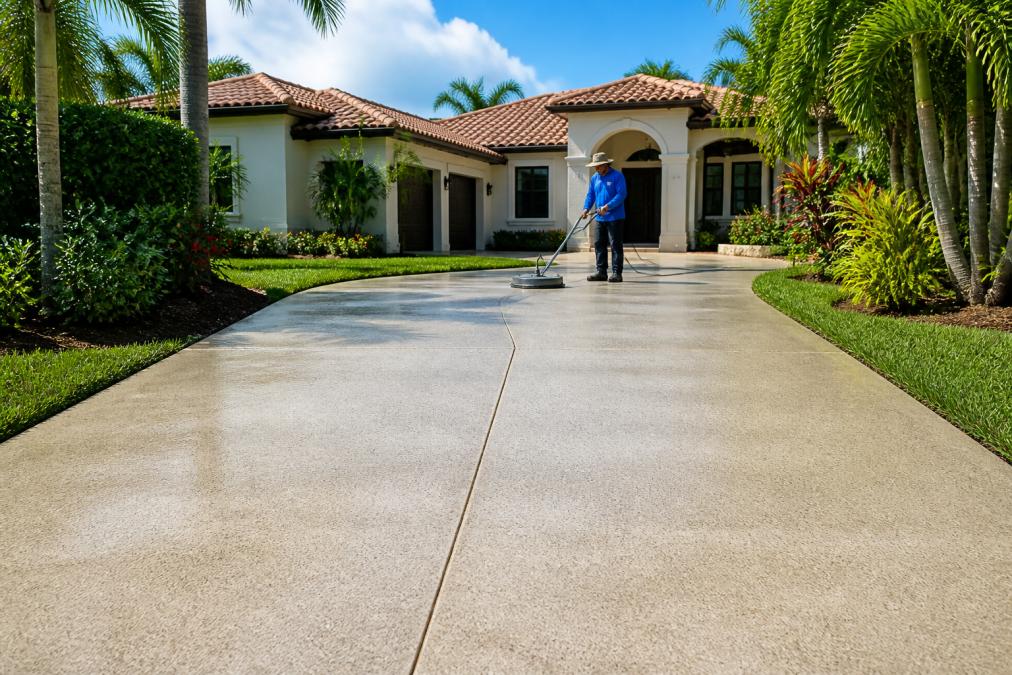 A clean concrete driveway after professional pressure washing, with a technician in uniform holding a surface cleaner wand in the background under bright Florida sunlight