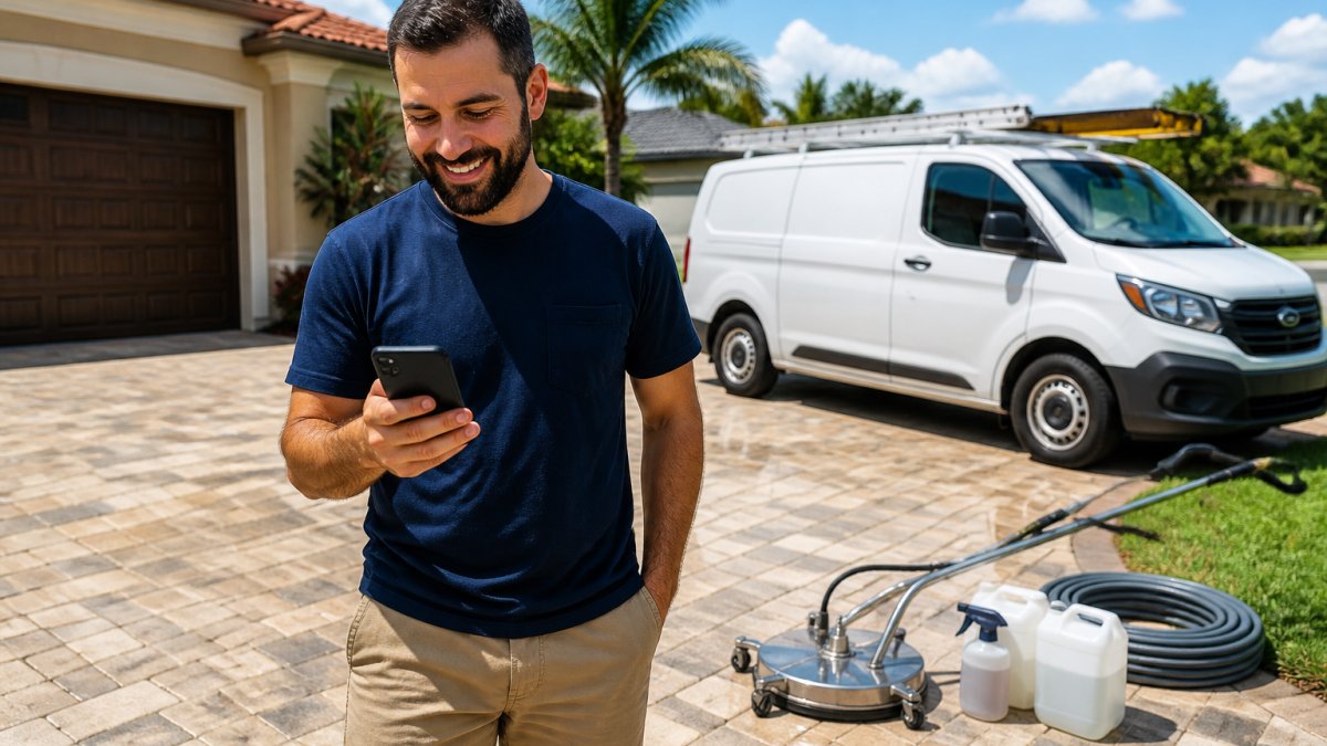 A homeowner standing in a residential driveway holding a smartphone, with a pressure washing service van parked in the background on a sunny Florida day