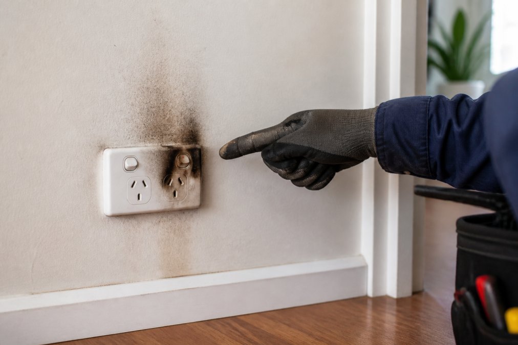 Close-up of a damaged power point with visible scorch marks and discolouration on the wall surrounding it, with a qualified electrician's gloved hand pointing to the hazard in natural daylight
