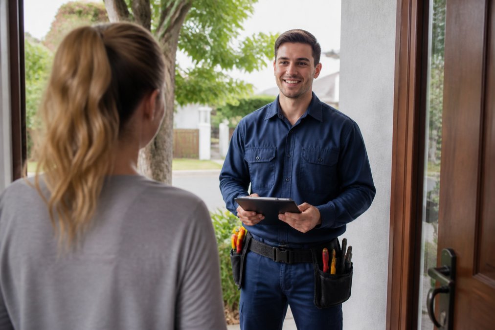 Friendly, uniformed electrician greeting a homeowner at the front door with tablet in hand, about to conduct an inspection, in natural daylight