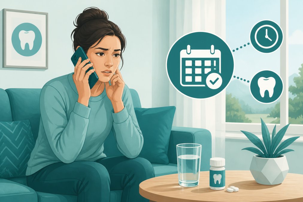 Person sitting at home holding phone to ear, looking concerned but focused, with a glass of water and a small container of over-the-counter pain relief on the table beside them, natural afternoon light coming through the window