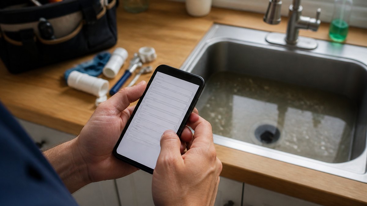 Homeowner using a smartphone to book emergency drain clearing services near a backed-up kitchen sink