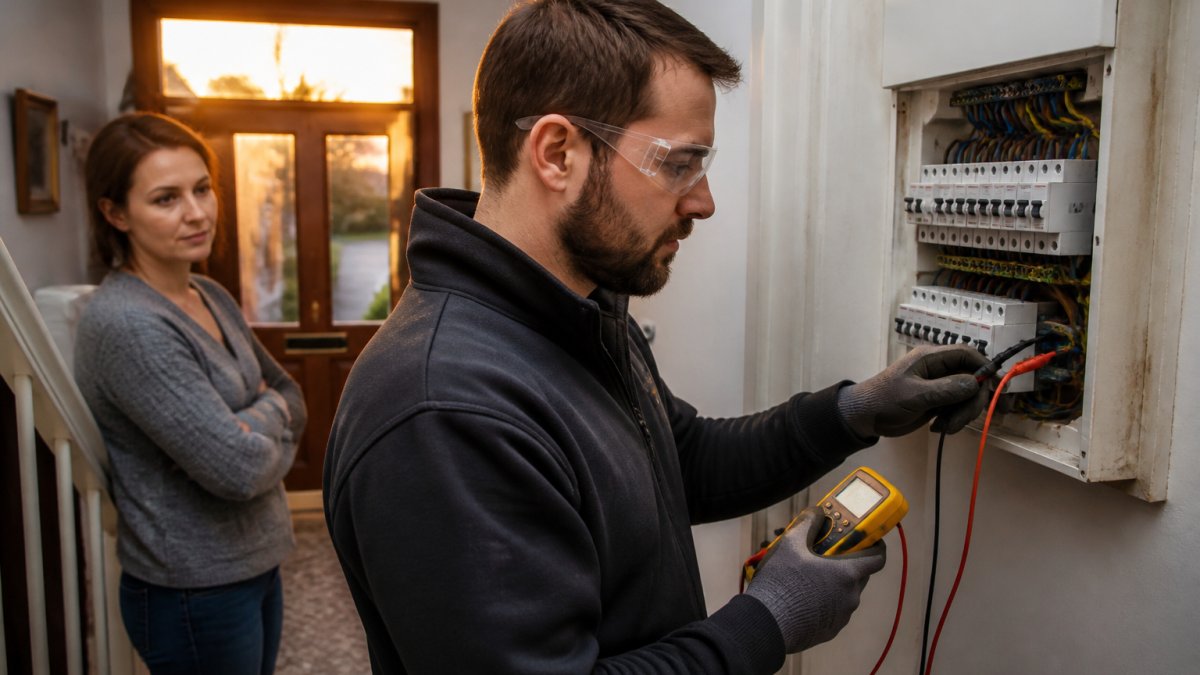 A qualified electrician in safety glasses and gloves testing a domestic consumer unit with a multimeter, a homeowner standing in the hallway behind him, warm evening light through a front door
