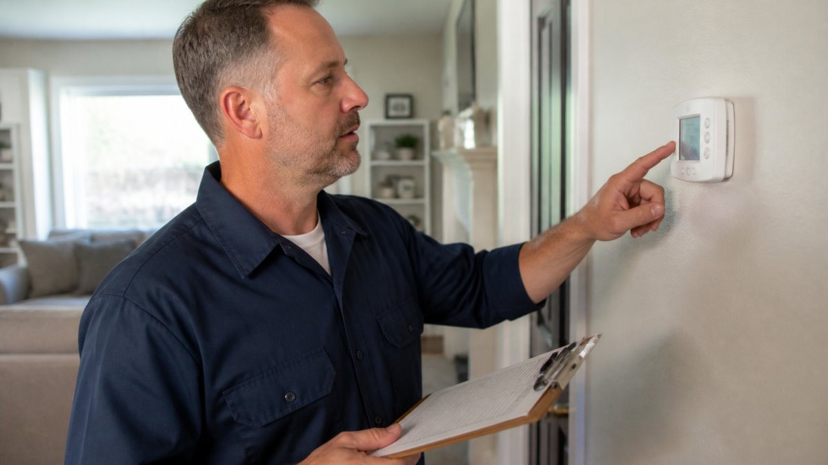 Homeowner pointing at a wall-mounted thermostat display showing temperature settings, holding a clipboard with HVAC system information in the other hand, standing in a bright living room