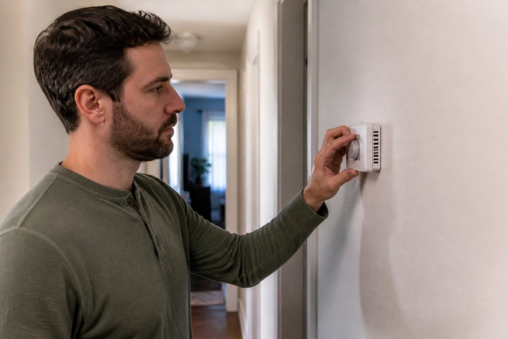 Homeowner in casual clothing standing in front of a wall-mounted thermostat, adjusting the temperature dial with a focused expression in a well-lit residential hallway