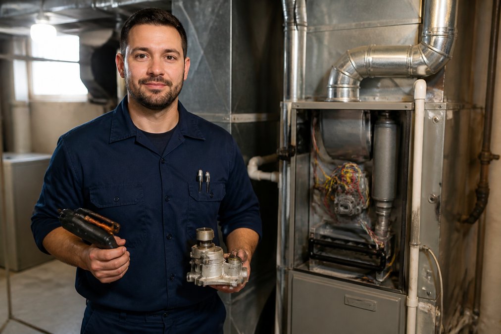 Licensed HVAC technician in blue uniform holding diagnostic tools and a replacement part, standing in front of a residential furnace unit in a basement with fluorescent lighting