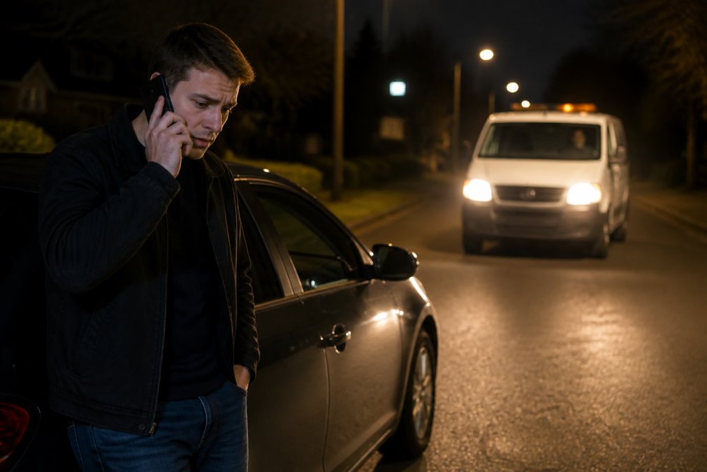 A person standing beside a locked car at night, holding a phone to their ear with a concerned expression, streetlights illuminating the scene, a locksmith van approaching in the background