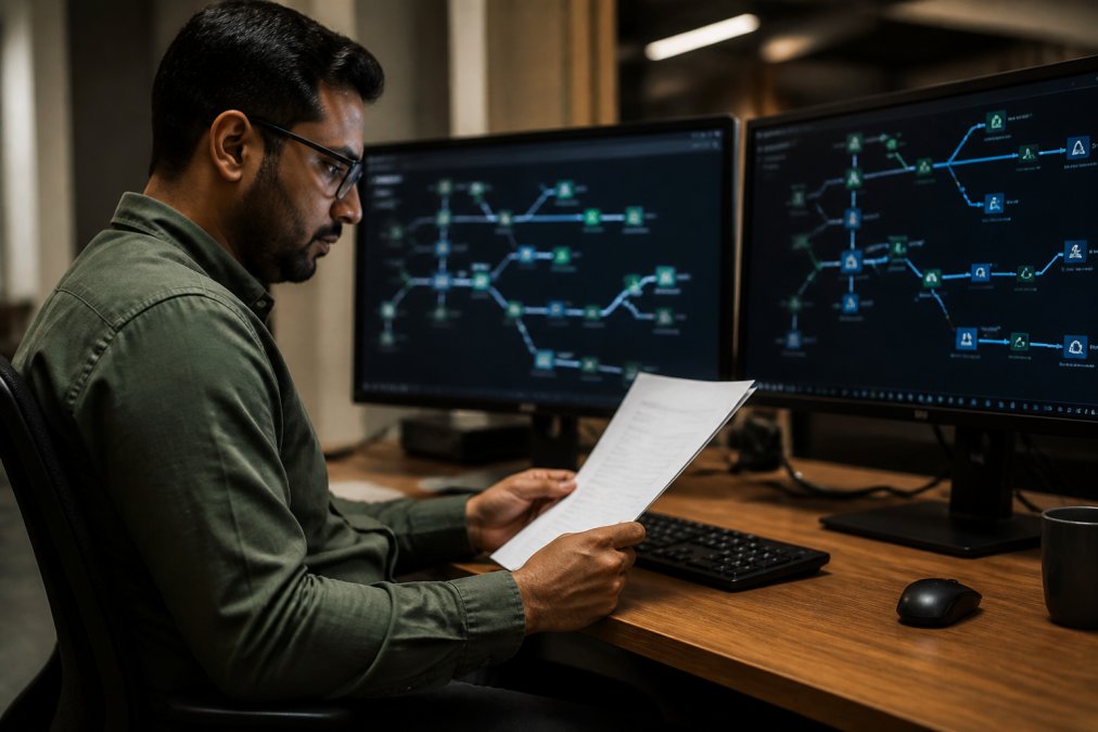 IT security professional in business casual attire reviewing a printed scope of work document at a desk with dual monitors displaying network topology maps, under warm overhead office lighting
