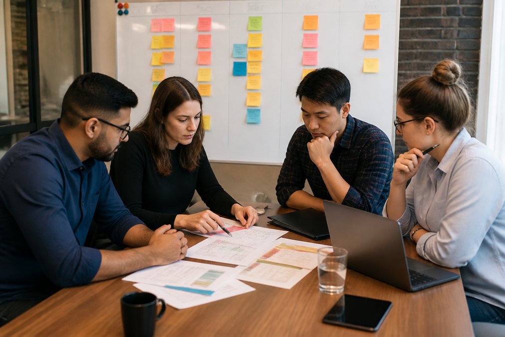 A cybersecurity team of four people gathered around a conference table reviewing a printed security audit report with color-coded sections, laptops open, sticky notes arranged in priority columns on a whiteboard behind them, in a well-lit modern office