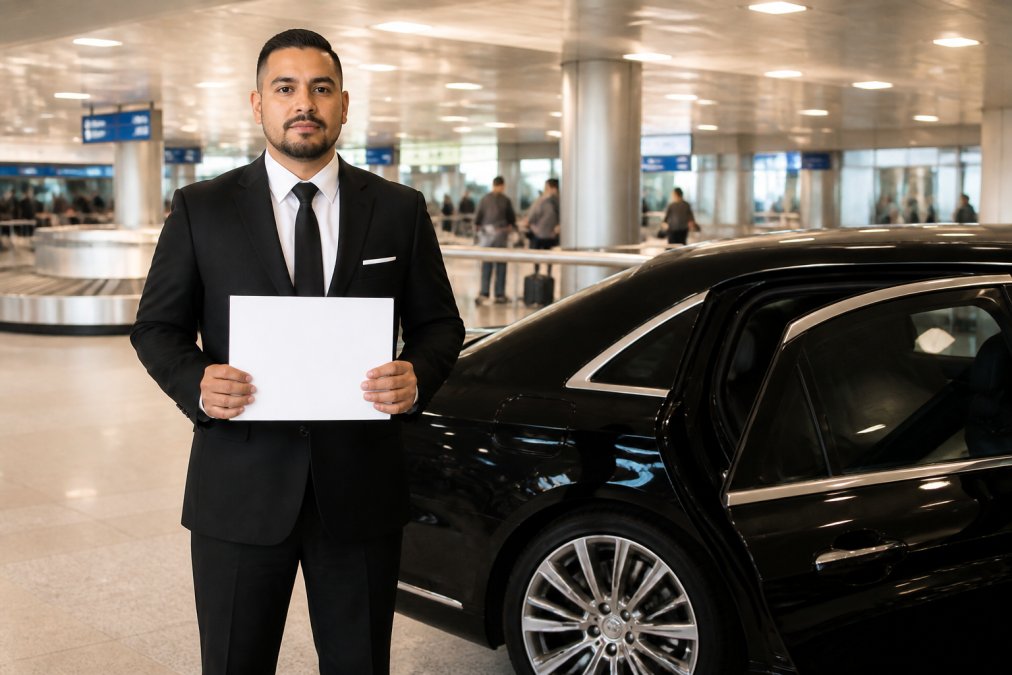 A professionally dressed chauffeur in a dark suit holding a personalized name sign inside a bright, modern airport arrivals terminal, standing beside a polished black luxury sedan near the baggage claim area under warm overhead lighting