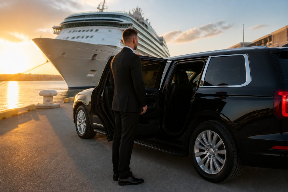 A gleaming black executive SUV parked at a cruise terminal dock at golden hour, with a uniformed driver in a dark suit standing at the open rear passenger door, the water and cruise ship visible in the warm background light