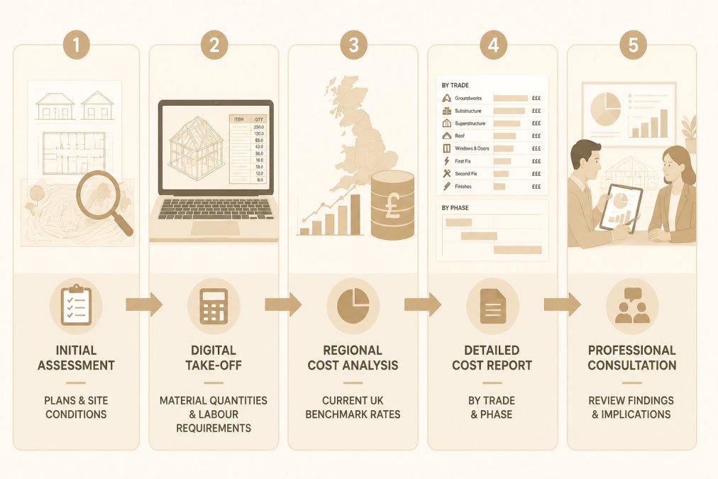 Flowchart showing five-stage cost planning process: Stage 1 Initial assessment of plans and site conditions, Stage 2 Digital take-off extracting material quantities and labour requirements, Stage 3 Regional cost analysis applying current UK benchmark rates, Stage 4 Detailed cost report generation by trade and phase, Stage 5 Professional consultation reviewing findings and implications