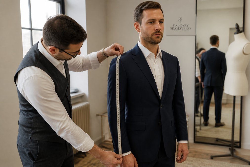 Professional tailor measuring a client's jacket shoulders and sleeve length with a measuring tape, showing proper measurement technique with the client standing naturally in front of a fitting mirror