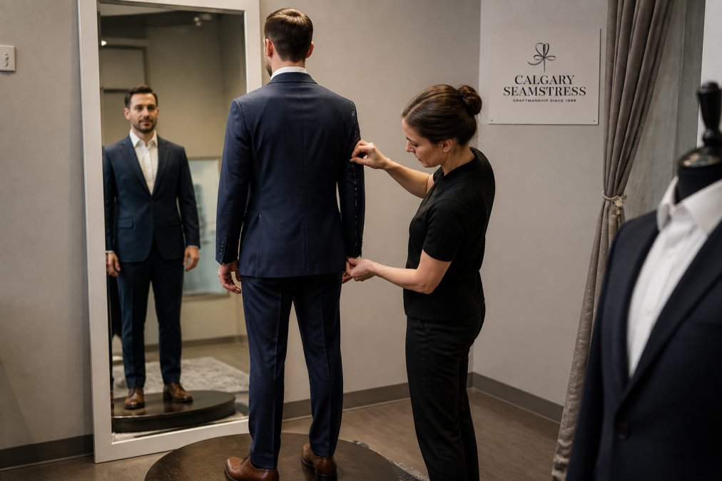 Client standing on a fitting platform in front of a mirror while a seamstress adjusts suit jacket seams and sleeve length with pins, showing the precision of professional tailoring work