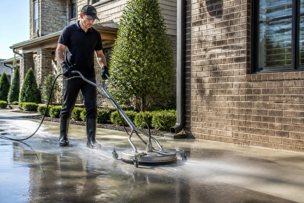 Professional pressure cleaning team working on residential brick and concrete exterior with high-pressure equipment and surface cleaner attachment in action, water spray visible, bright daylight