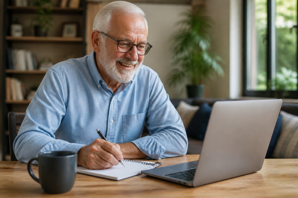 Older adult having a video call with a Medicare advisor on a laptop in a comfortable home setting, smiling while taking notes
