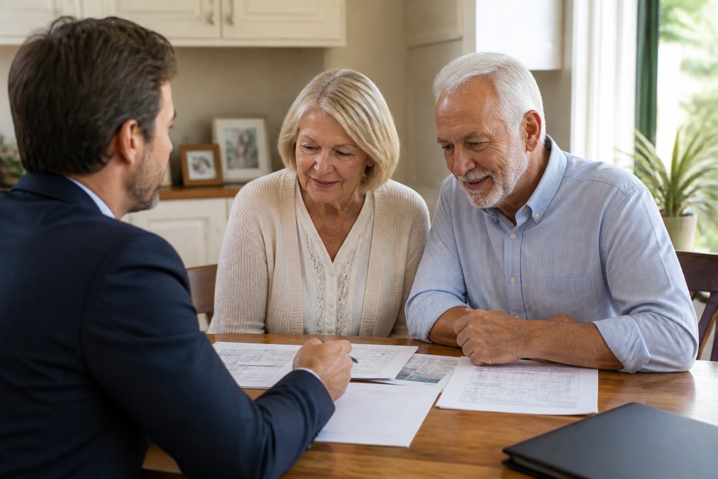 Licensed Medicare advisor meeting with a senior couple in person, reviewing documents and plan options at a table
