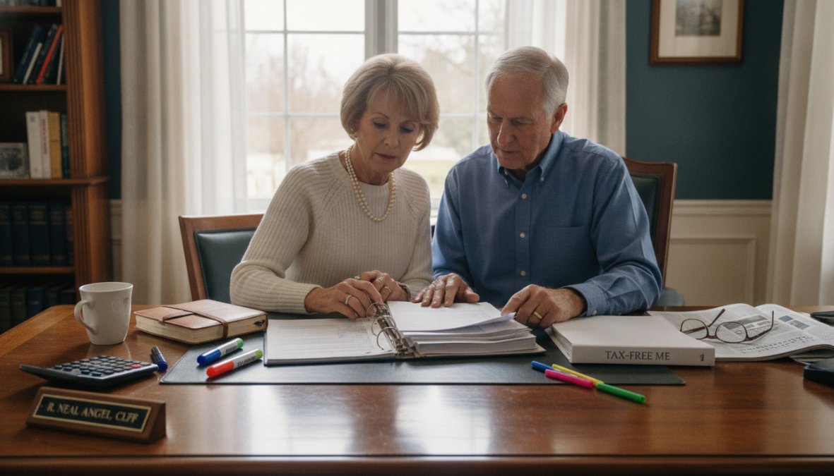 Retirement tax advisor in professional attire meeting with older couple in comfortable office setting, reviewing documents and charts on desk, warm natural lighting
