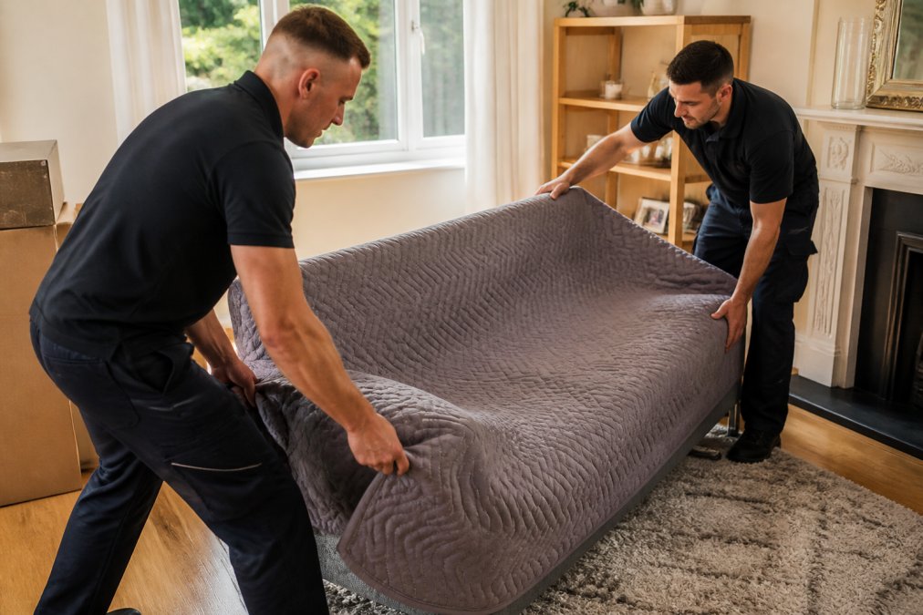 A professional removal team in uniform carefully wrapping a sofa with protective blankets inside a bright, furnished living room