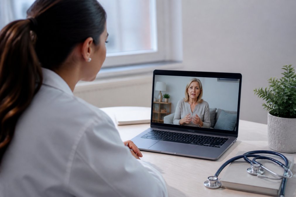 Healthcare professional conducting a video consultation with patient on laptop screen in calm clinical setting with natural lighting