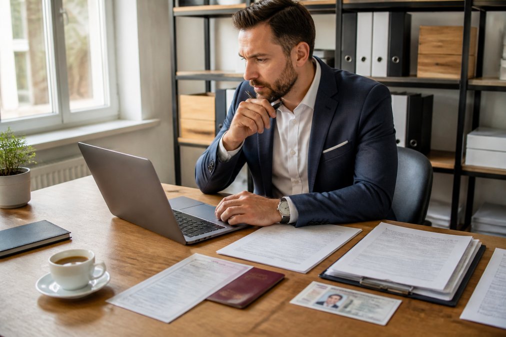 Business professional at modern desk reviewing GmbH formation documents and shareholder agreements on laptop screen, with registration papers and identification documents spread across desk surface, natural window lighting