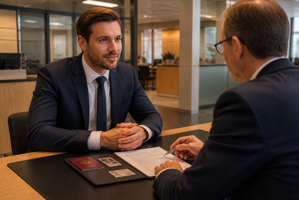 Business professional in suit meeting with bank representative across desk, with GmbH registration certificate and identification documents visible, modern bank office with professional lighting