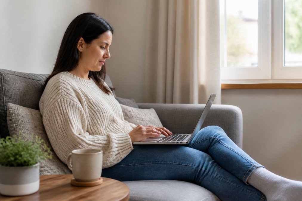 Step-by-step infographic showing how to book gynaecology appointment online from a laptop at home.