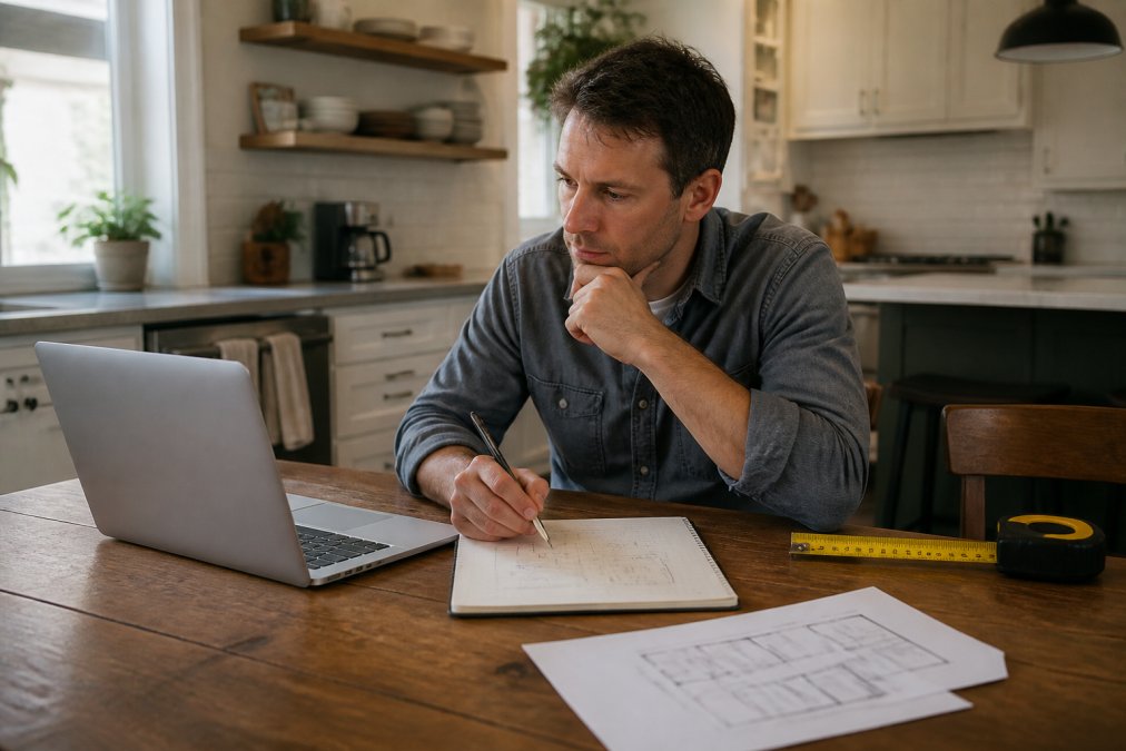 A homeowner sitting at a kitchen table with a laptop, a notebook showing a rough sketch of a room layout, and a measuring tape, preparing notes before a meeting