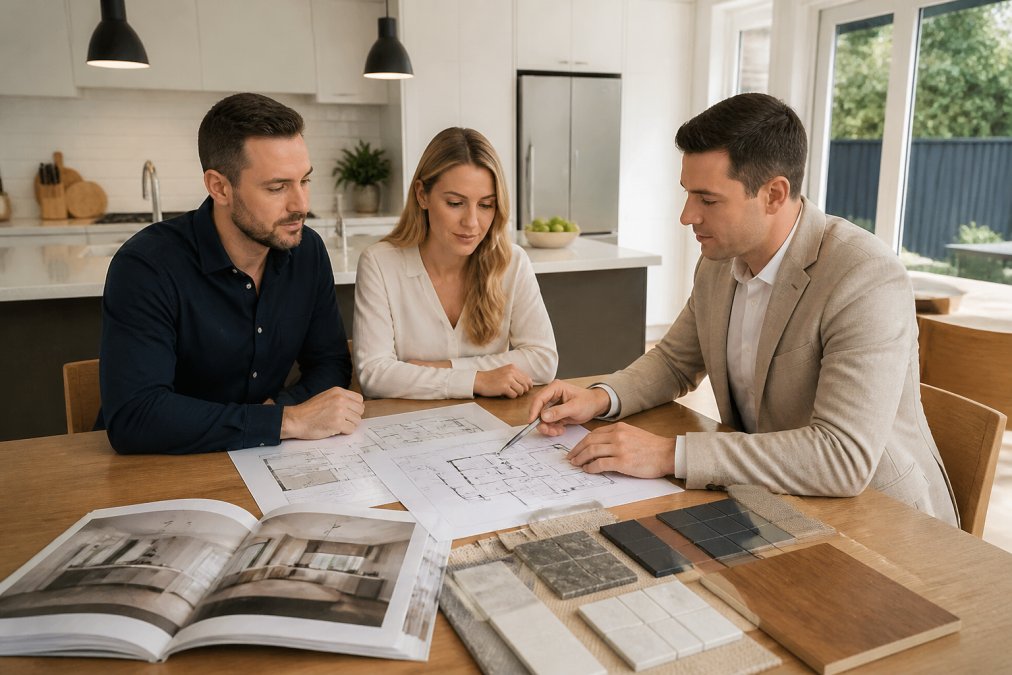 A renovation consultant sitting at a kitchen table with a couple, reviewing floor plans and material samples in a bright, modern Australian home