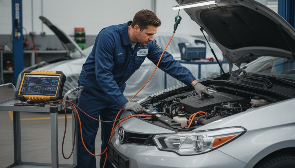A certified mechanic in a well-lit workshop inspecting the open engine bay of a hybrid car, with a diagnostic laptop connected via OBD cable resting on the wing protector, workshop tools visible on a trolley in the background