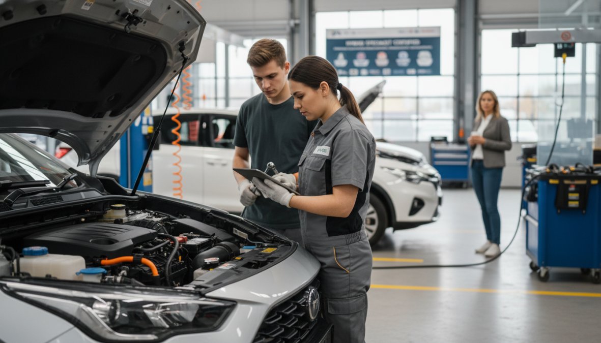 Close-up of a technician's gloved hands connecting a specialist diagnostic tool cable to a hybrid vehicle's OBD port inside a professional garage, with a laptop screen showing live battery data visible in the background