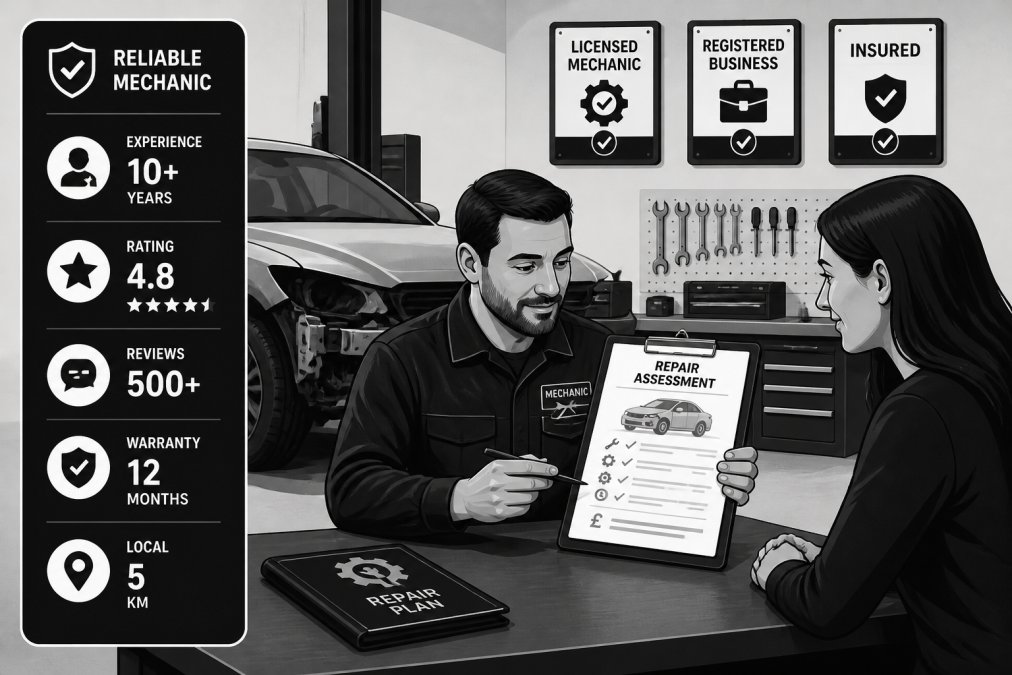 Experienced mechanic in a workshop inspecting a damaged vehicle, reviewing repair documentation with a customer, showing professionalism and licensed credentials displayed on the wall
