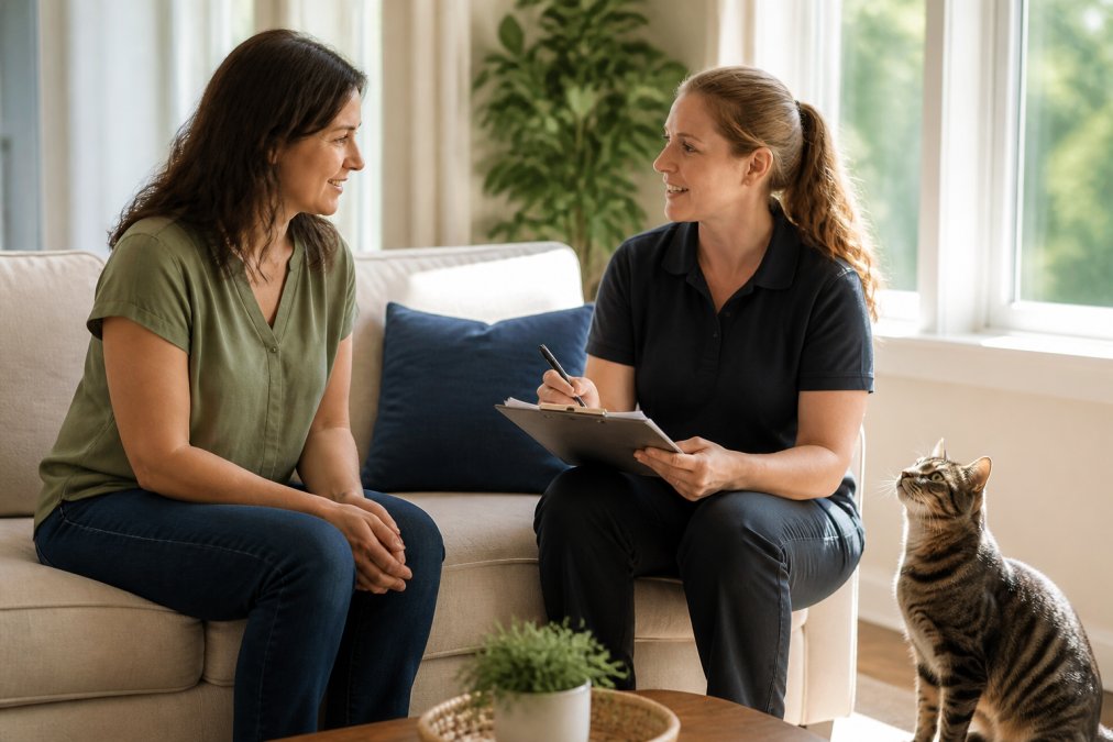Cat owner and professional pet sitter sitting in a bright living room with a tabby cat nearby, both smiling and discussing care details on a clipboard, natural afternoon light from windows