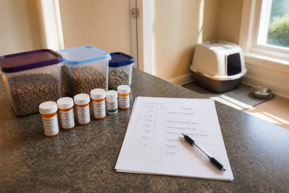 Well-organized kitchen counter with labeled food containers, prescription medication bottles in a neat row, a written care instruction sheet with specific feeding times, and nearby litter box area visible in soft morning light