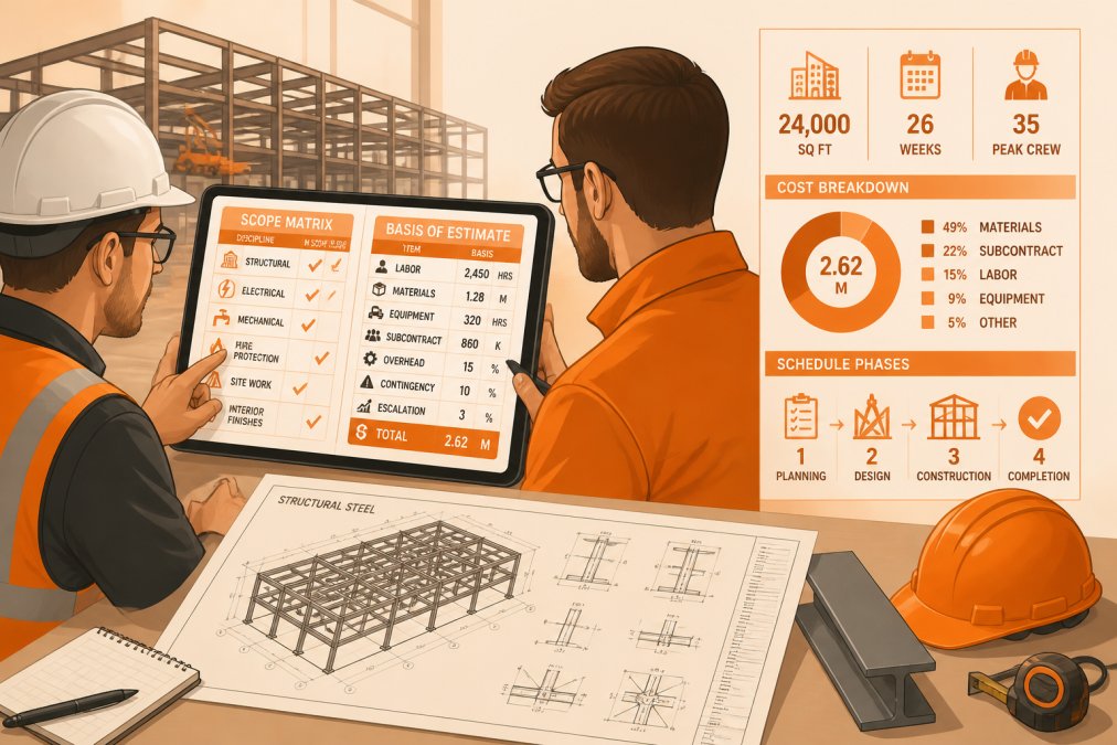 Consultant and facility manager reviewing a scope of work matrix and basis of estimate on a tablet beside structural steel drawings