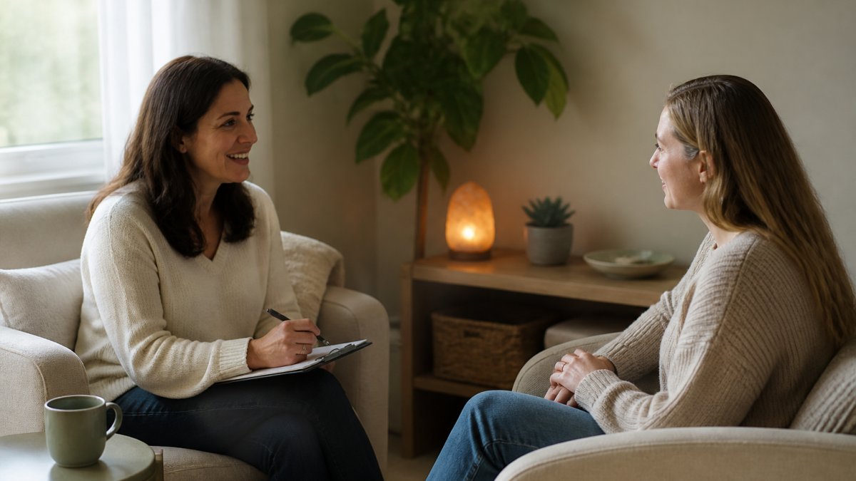 Professional trauma therapist in calm, welcoming office setting with comfortable seating, soft natural lighting, and warm professional demeanor greeting a client