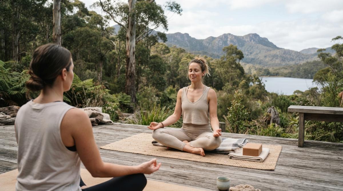 Guest participating in guided outdoor yoga or meditation session at dawn, surrounded by natural landscape with mist rising from valley, natural sunlight filtering through trees