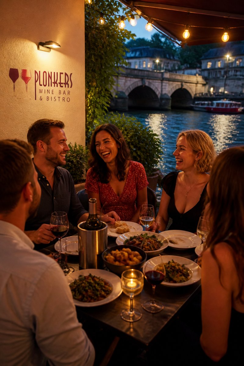 Cosy riverside dining space with warm amber lighting, intimate table settings with wine glasses, and guests laughing together over shared plates by the water's edge