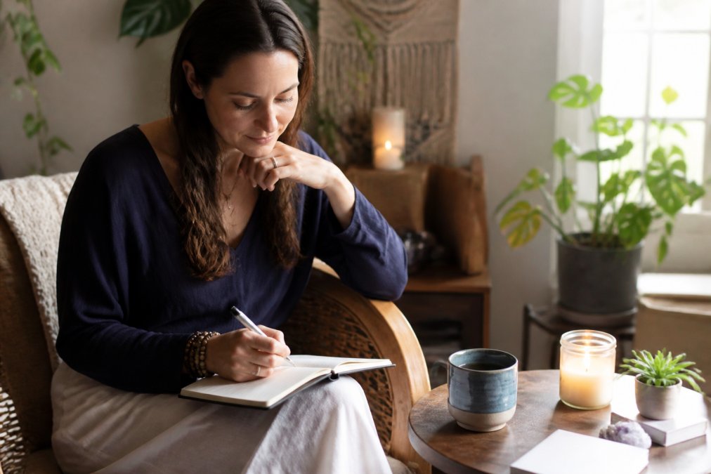 Book Intuitive Soul Guidance: A Step-by-Step Guide 1 A woman sitting peacefully in a calm, softly lit space with a journal and cup of tea, preparing mentally for a reading