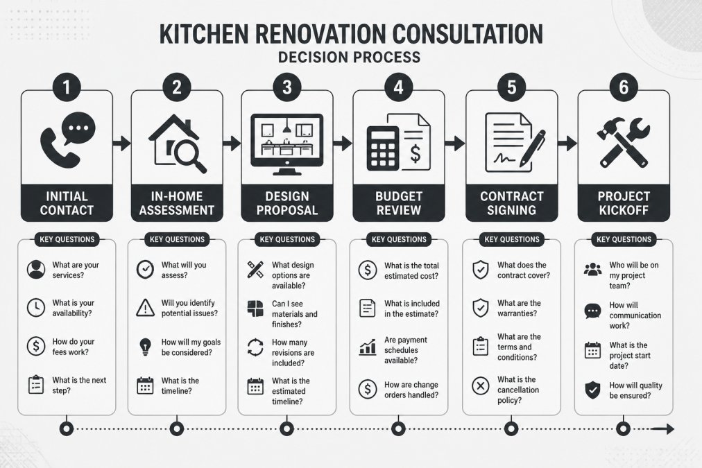Flowchart showing the consultation decision process with stages: Initial Contact → In-Home Assessment → Design Proposal → Budget Review → Contract Signing → Project Kickoff, with key questions at each stage