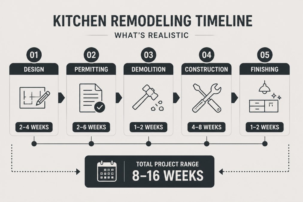Timeline visualization showing kitchen remodel phases with durations: Design Phase (2-4 weeks), Permitting (2-6 weeks), Demolition (1-2 weeks), Construction (4-8 weeks), Finishing (1-2 weeks), with total project range of 8-16 weeks