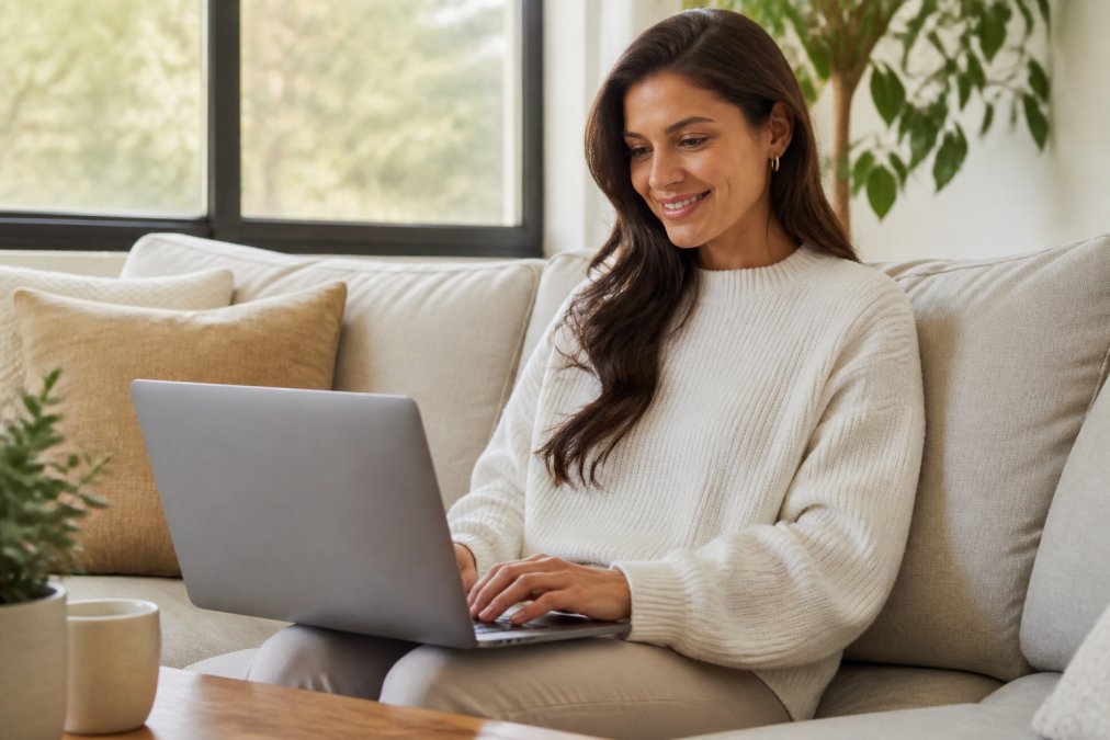 Woman at home on laptop scheduling a medical appointment, smiling at screen with calendar visible in soft natural lighting
