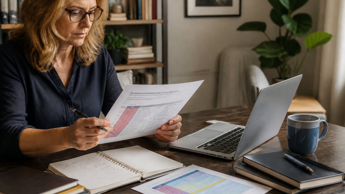 Coach reviewing a printed plan and laptop spreadsheet to compare book launch packages at a home office desk