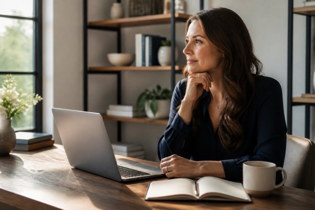 A confident entrepreneur reviewing email list growth on a laptop in a modern home office, notebook and coffee nearby, warm afternoon light