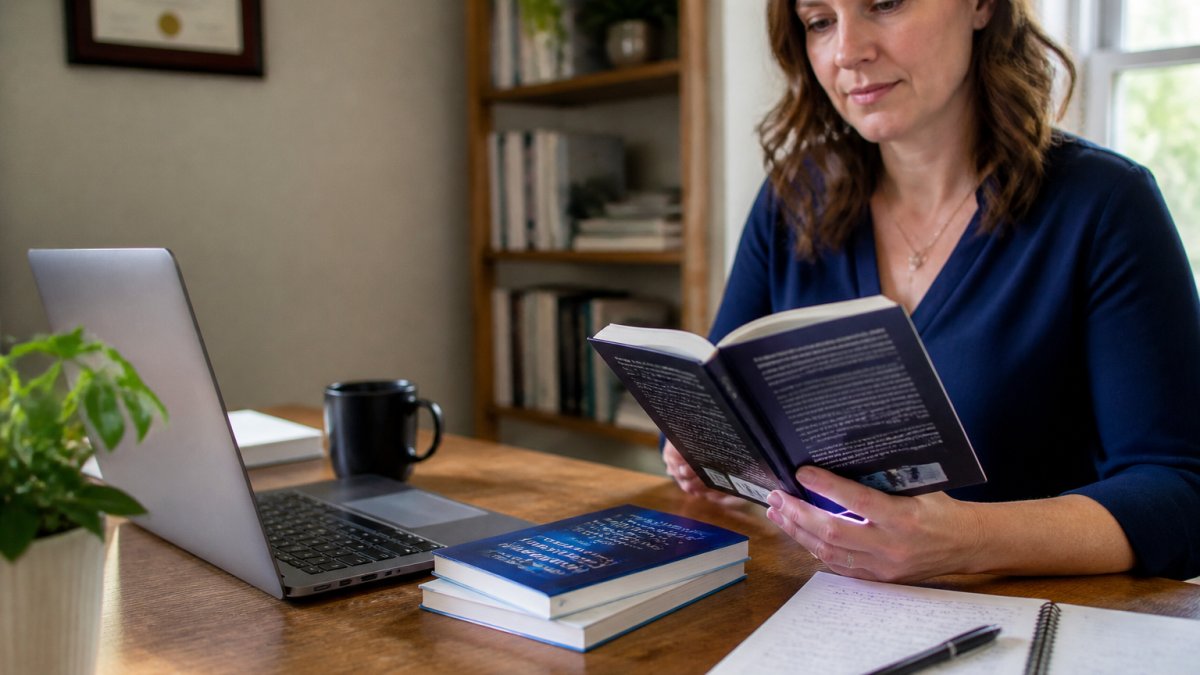 A small-business owner at a desk reviewing a printed book next to a laptop showing an email campaign and a notebook with handwritten launch notes