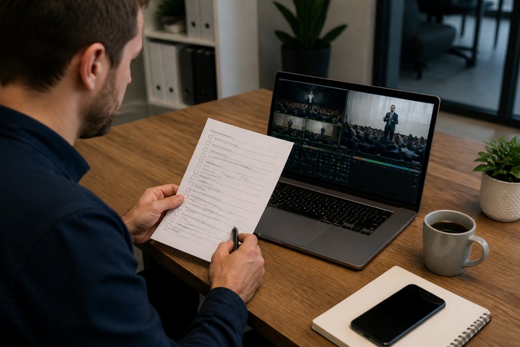 A business professional seated at a clean desk reviewing a printed event checklist, with a laptop open showing a live video broadcast interface and a coffee cup beside a notepad in warm office lighting