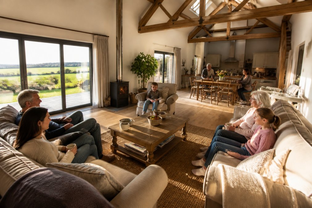 Spacious, light-filled interior of a luxury barn conversion with comfortable seating areas, multiple family members relaxing together across different zones, countryside views through large windows, warm afternoon lighting