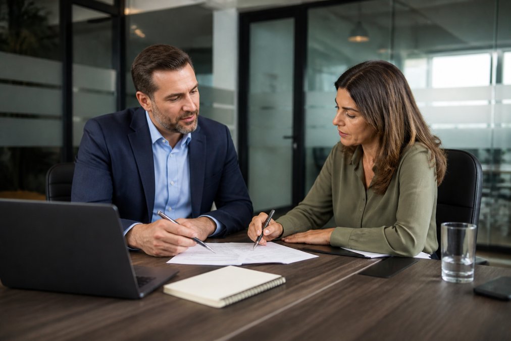 Business owner and IT consultant reviewing documents and discussing IT strategy at a conference table with laptops and notepads, natural office lighting