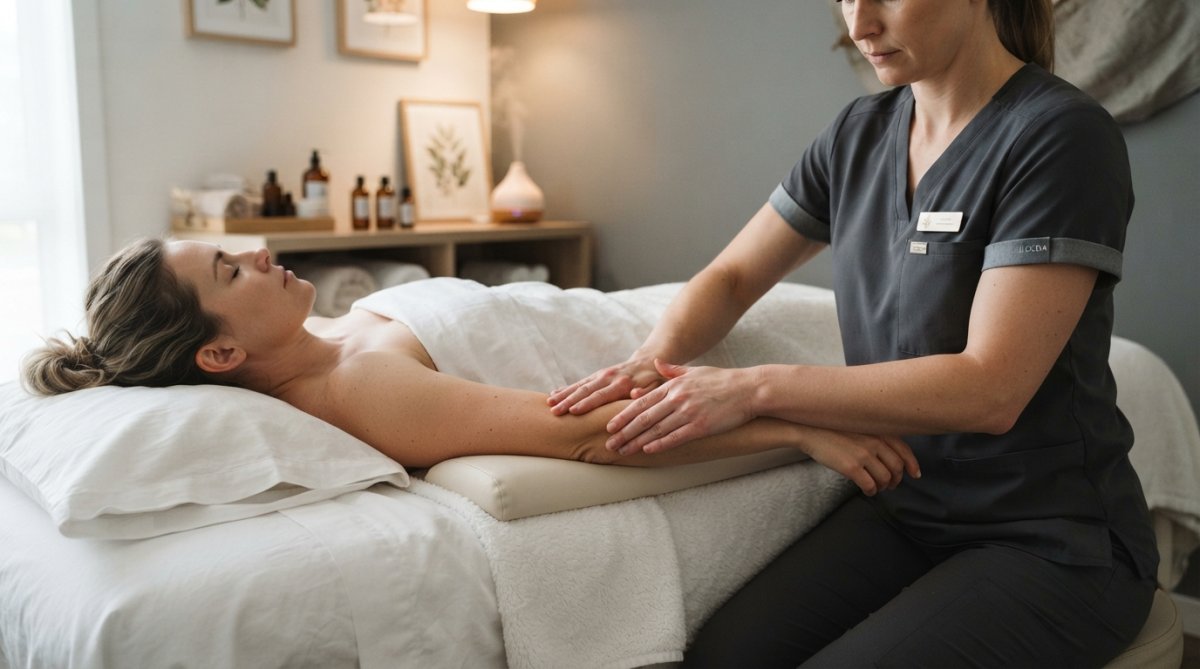Serene wellness treatment room with soft ambient lighting, a comfortable treatment table draped in fresh white linens, and a practitioner's hands performing gentle manual lymphatic drainage strokes on a client's arm