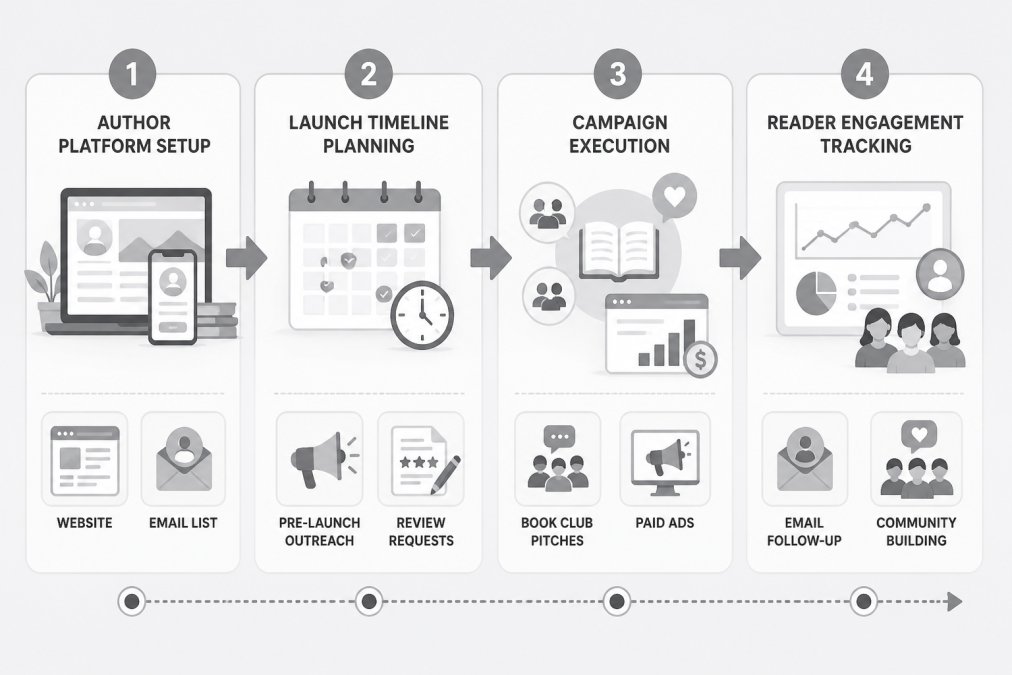 Flowchart showing author marketing workflow: Author platform setup (website + email list) → Launch timeline planning (pre-launch outreach + review requests) → Campaign execution (book club pitches + paid ads) → Reader engagement tracking (email follow-up + community building)